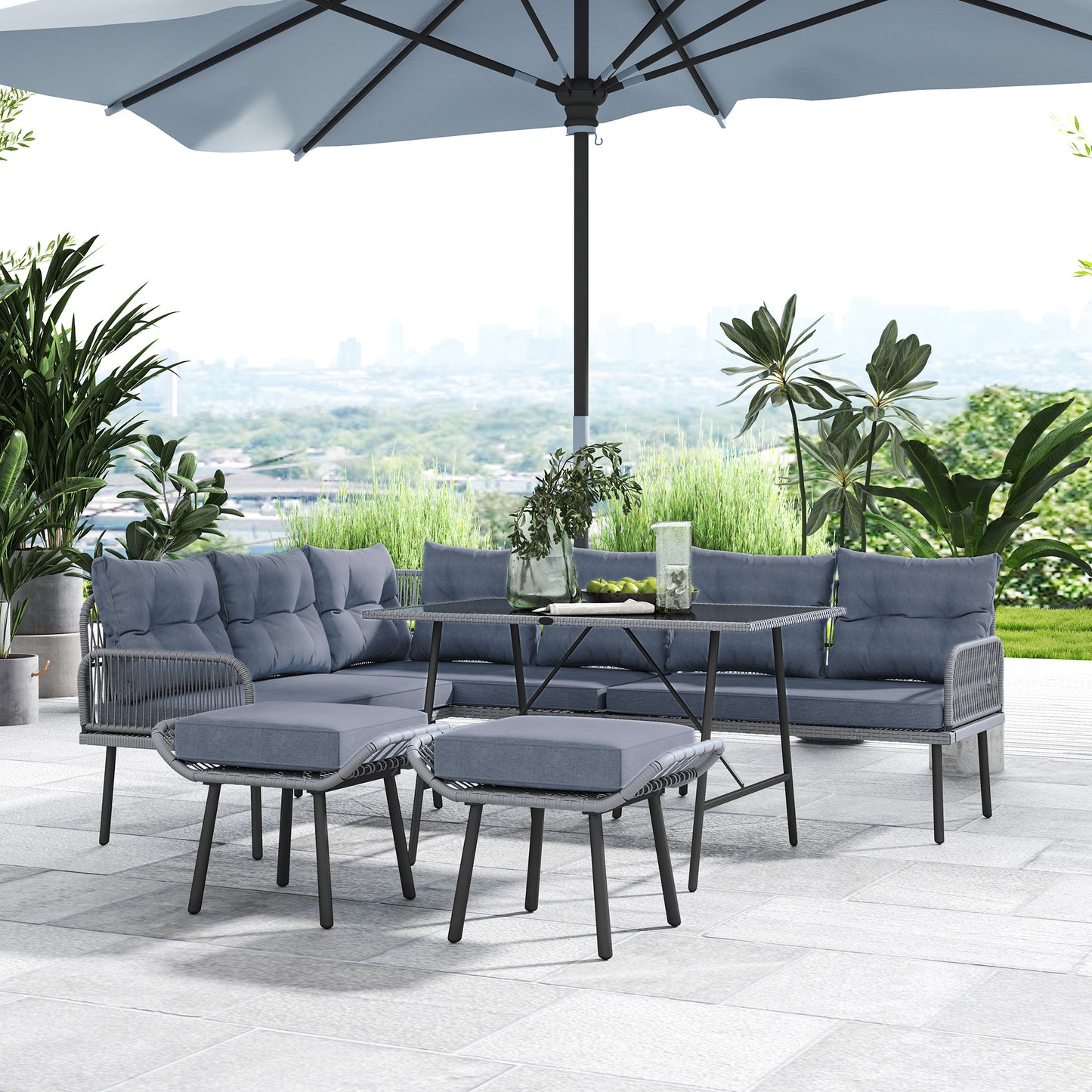 Outsunny 6 Piece Rattan Garden Furniture Set Charcoal Grey 8 Seater Corner Sofa With Cushions Glass Top Table And Stools