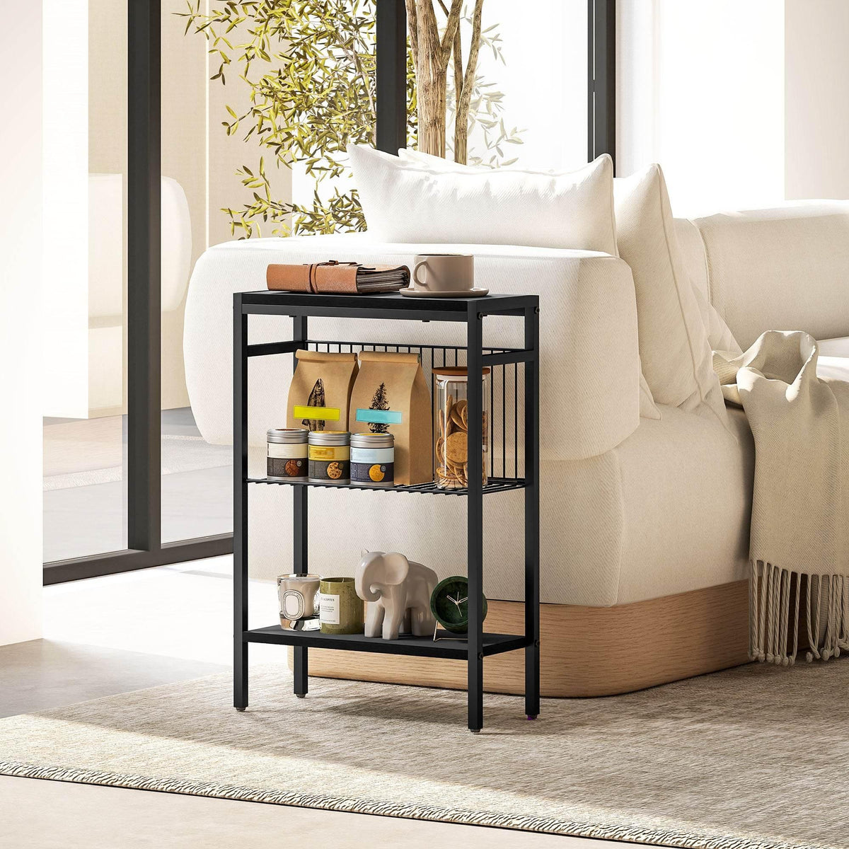 Black three-tier side table with black steel frame and wire shelves, adjustable feet.