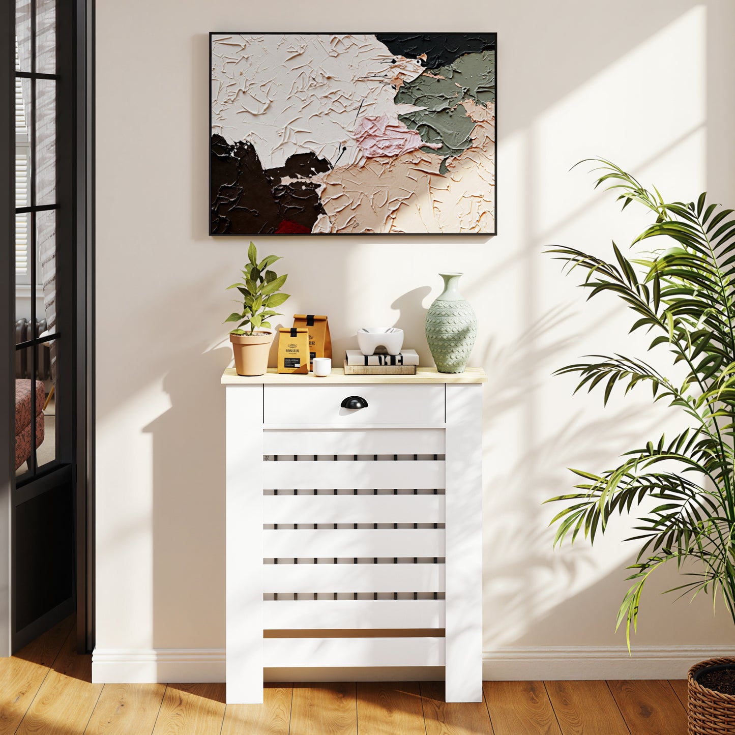 HOMCOM Radiator Cover With Drawer 95.5H x 78W cm White Slatted MDF and Particle Board
