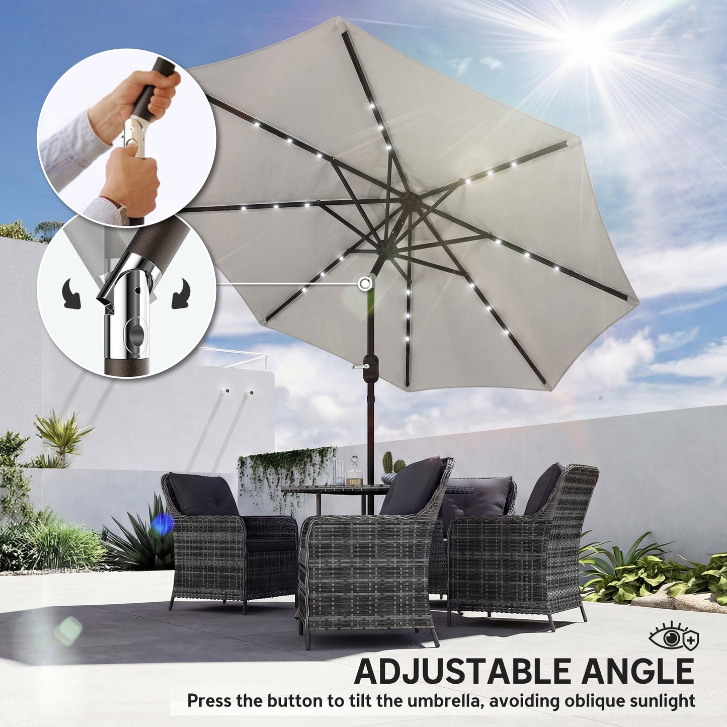 Outsunny 2.6 m Garden Parasol Umbrella With LED Solar Light And Cover For Patio Outdoor Market Umbrella Light Grey