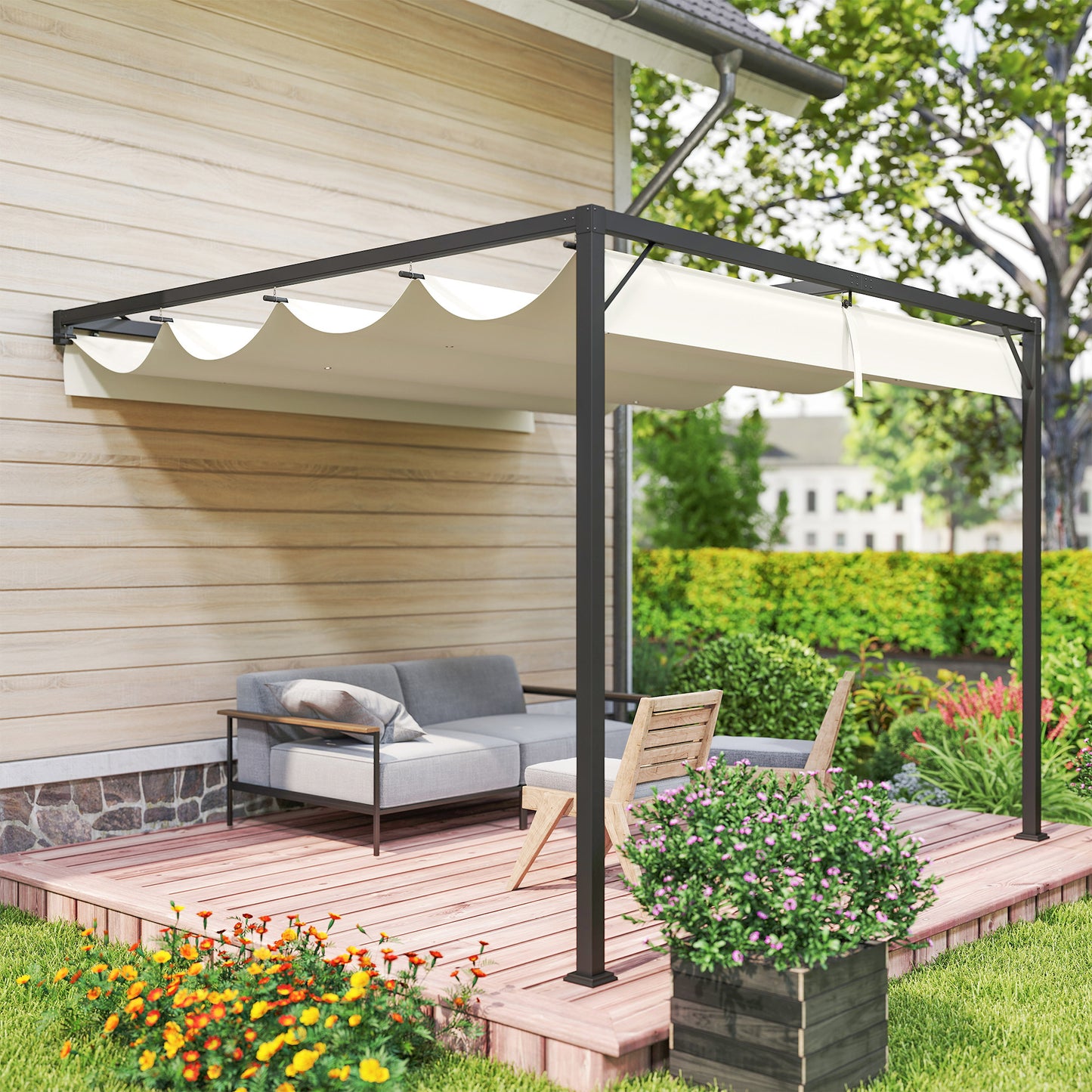 Outsunny 3x3 Meter Pergola With Sliding Canopy Cream White Outdoor Gazebo For Patio Parties And Dining