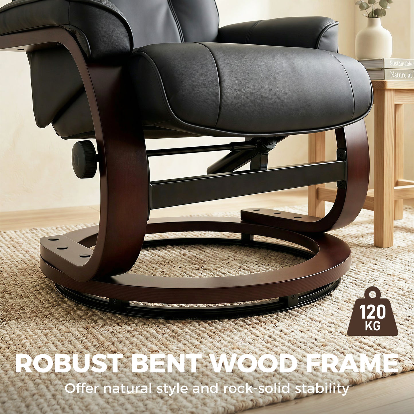 HOMCOM Swivel Recliner Chair With Footstool PU Leather Adjustable Back Wood Frame Black