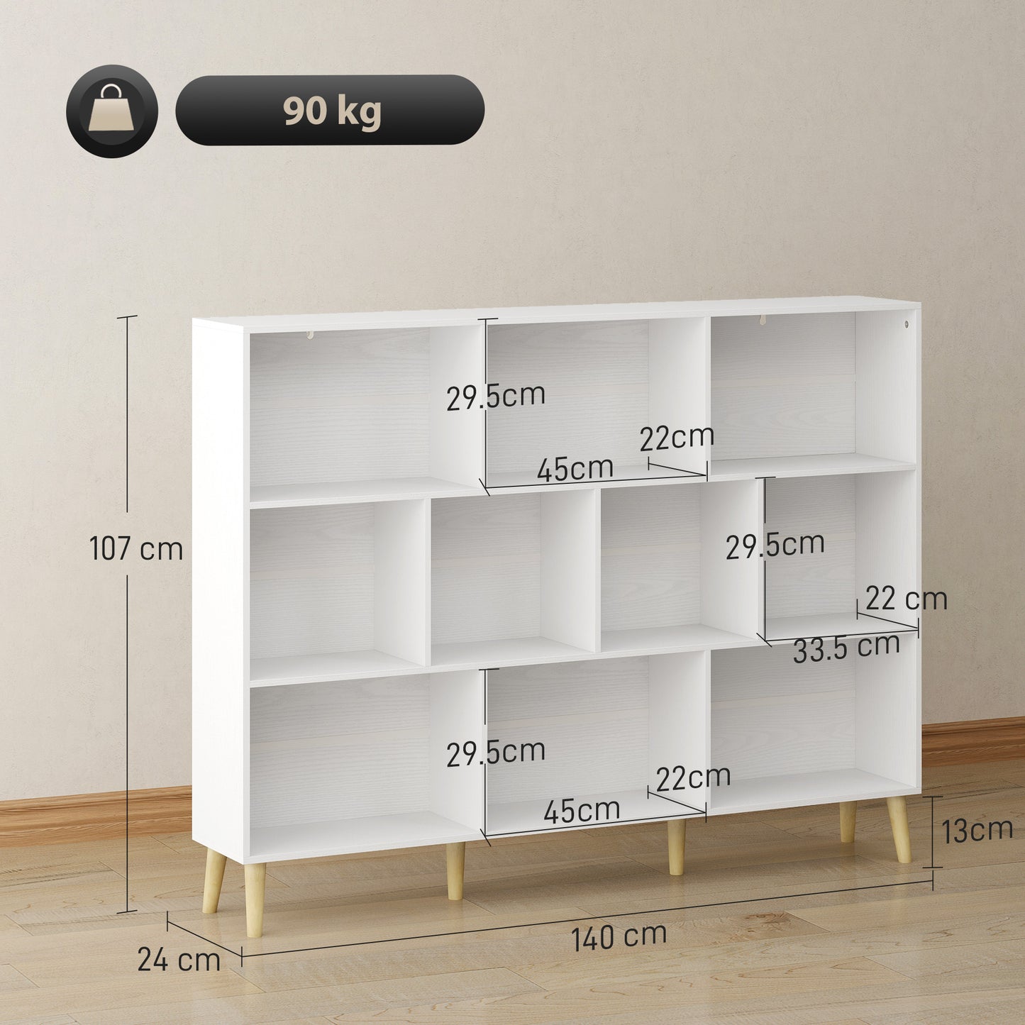 HOMCOM 10-Cube Bookcase with Solid Wood Legs, 140cm Modern 3-Tier Bookshelf, Anti-Tip Kit, White