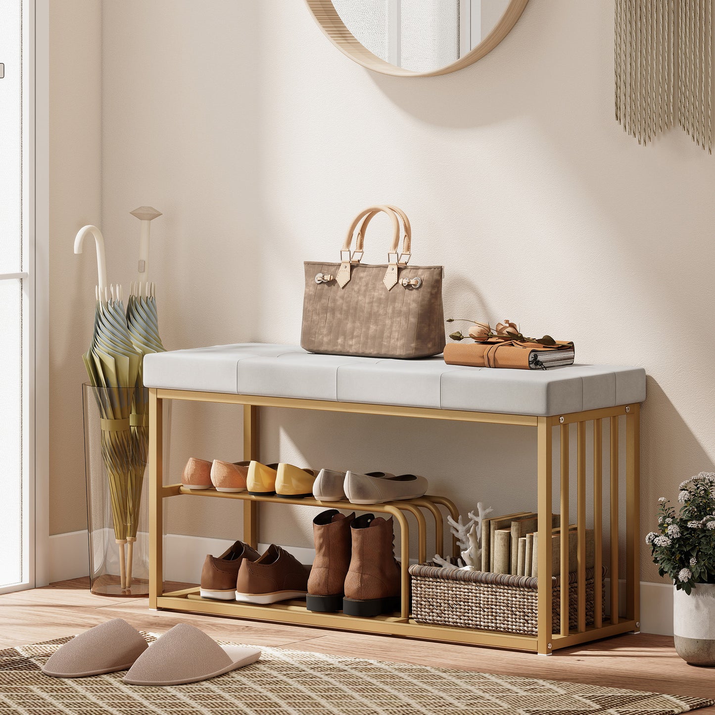 HOMCOM Tufted Velvet Seat Shoe Storage Bench With Gold Steel Frame And Double Tier Storage For Entryway Grey