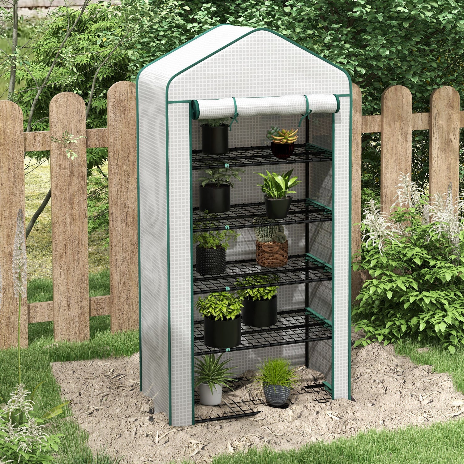 Outsunny Portable 5-Tier Mini Greenhouse with Reinforced PE Cover, Wire Shelves & Roll-Up Door - White, 193H x 90W x 49Dcm - ALL4U RETAILER LTD