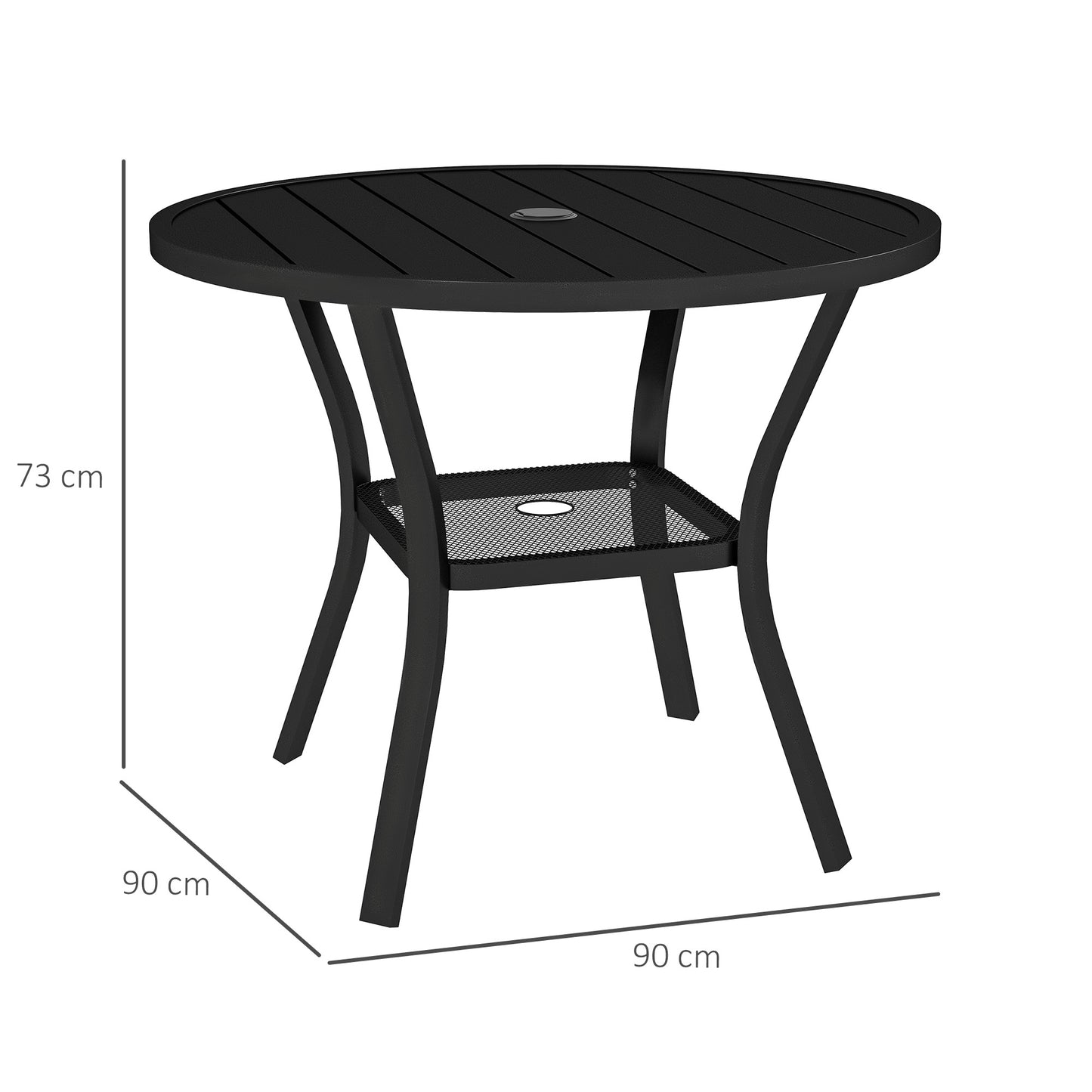 Outsunny 90 cm Round Garden Dining Table with Parasol Hole 40 to 50 mm Steel Slatted Top and Wire Shelf Black