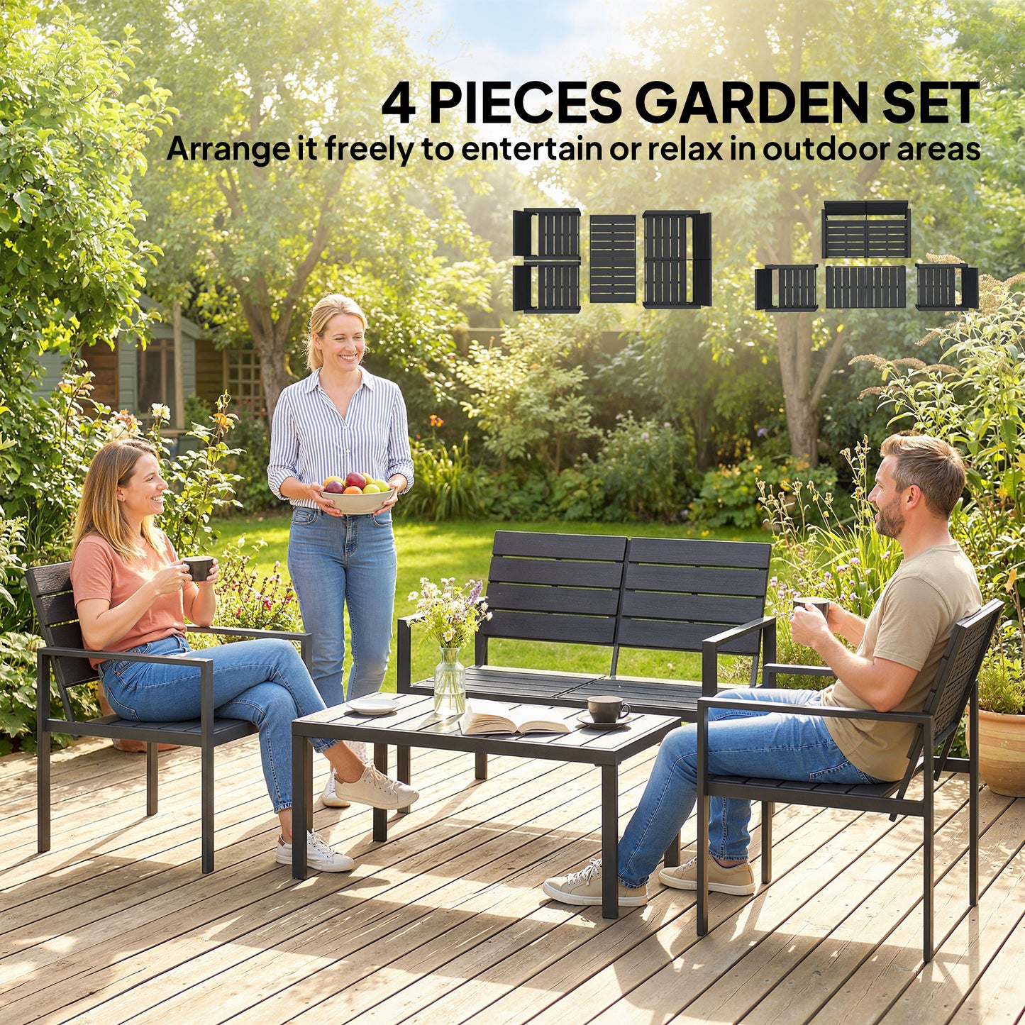 Outsunny 4 Piece Outdoor Garden Furniture Set With HDPE Slats Loveseat Two Armchairs Coffee Table Metal Frame Black