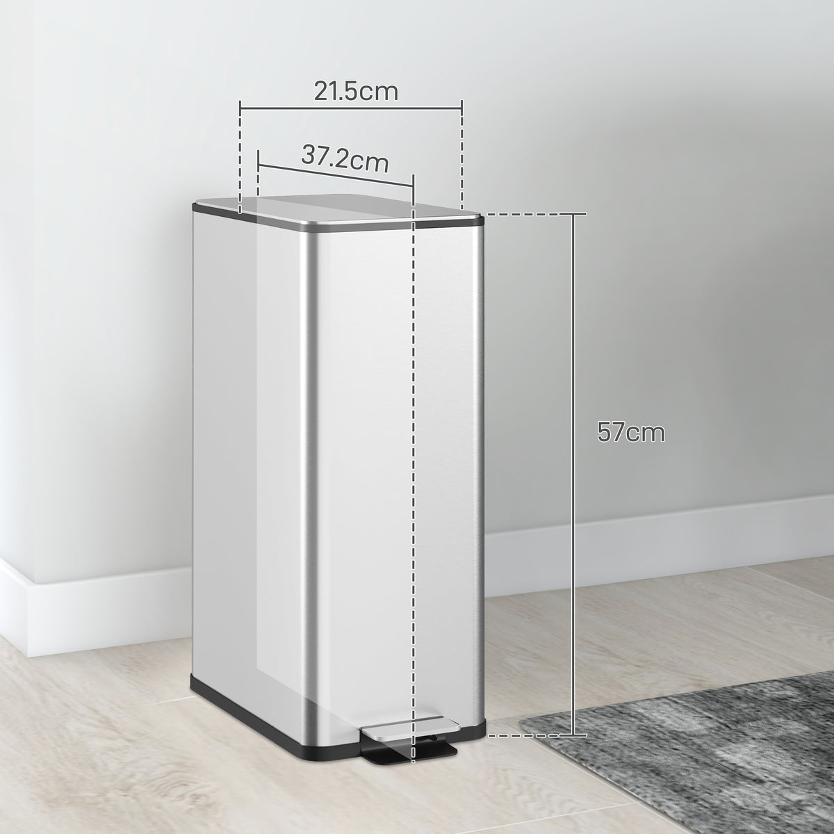 Stainless steel pedal trash can with compact rectangular body and foot pedal