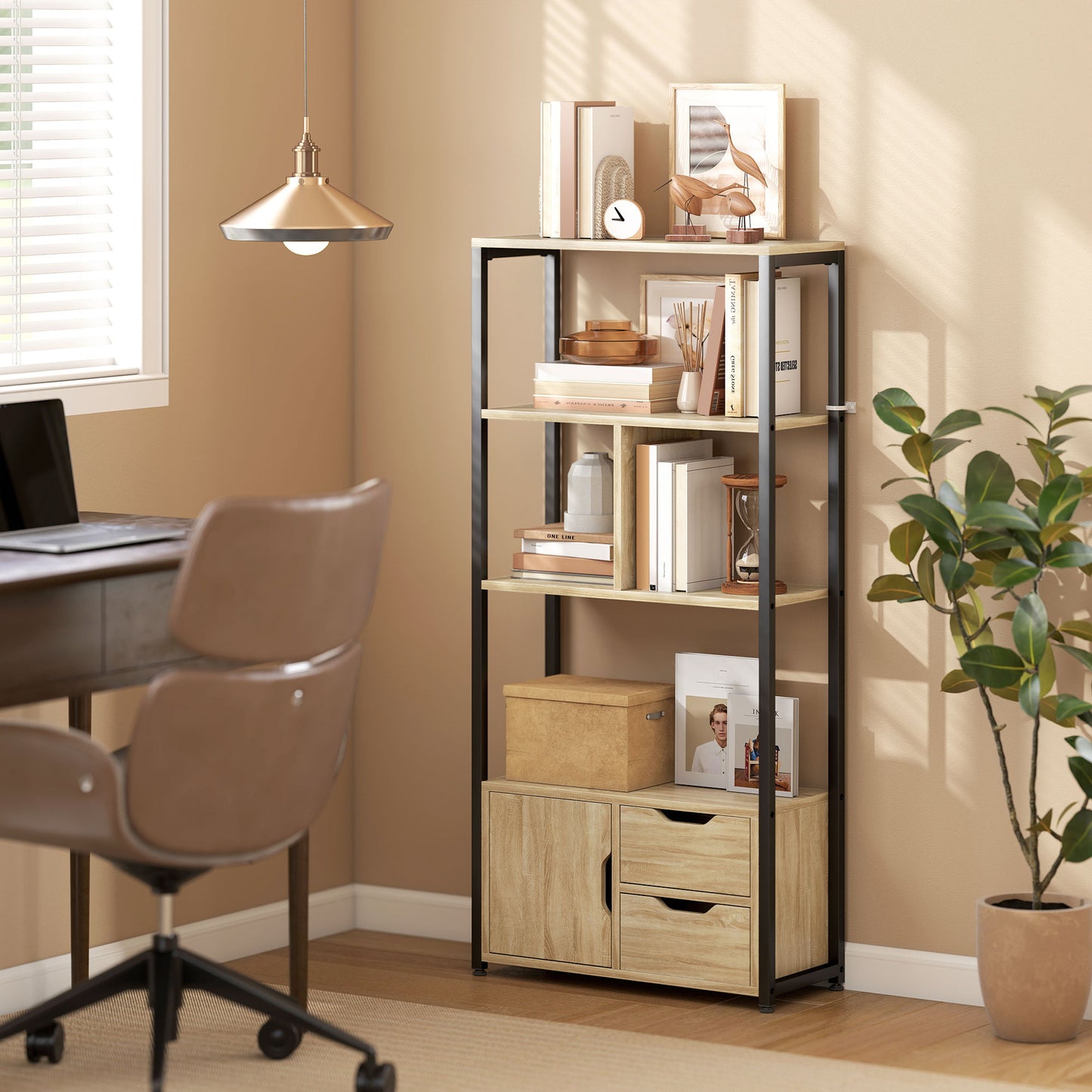 HOMCOM 4 Tier Bookcase With Cabinet And 2 Drawers Natural Wood Industrial Loft Style For Living Room Bedroom And Study