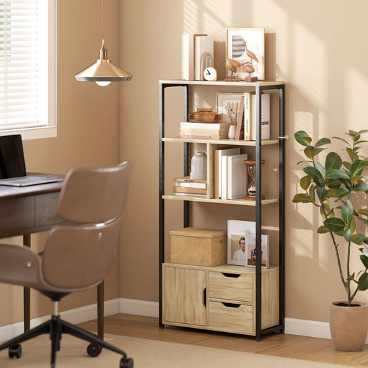 HOMCOM 4 Tier Bookcase With Cabinet And 2 Drawers Natural Wood Industrial Loft Style For Living Room Bedroom And Study