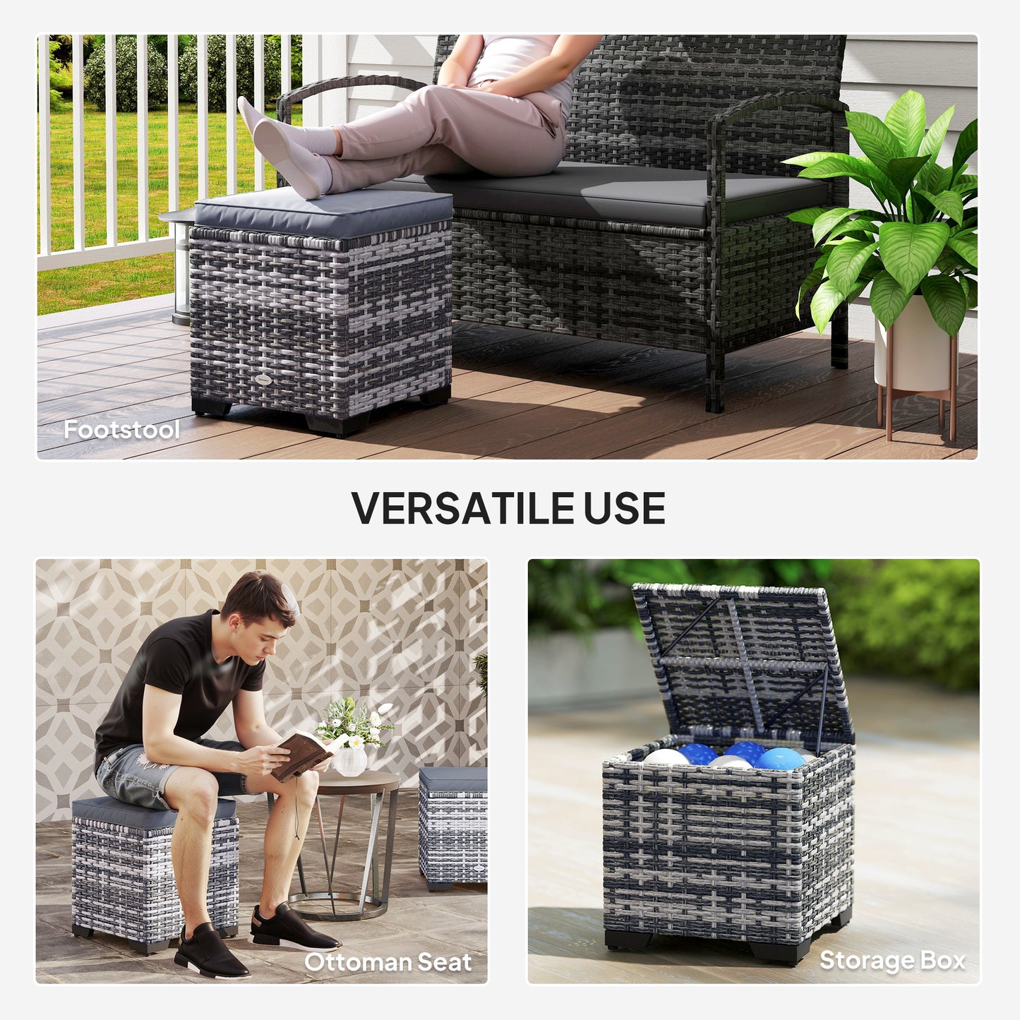 Outsunny Set of 2 Rattan Storage Ottomans Outdoor Footstools Removable Cushions Dark Grey