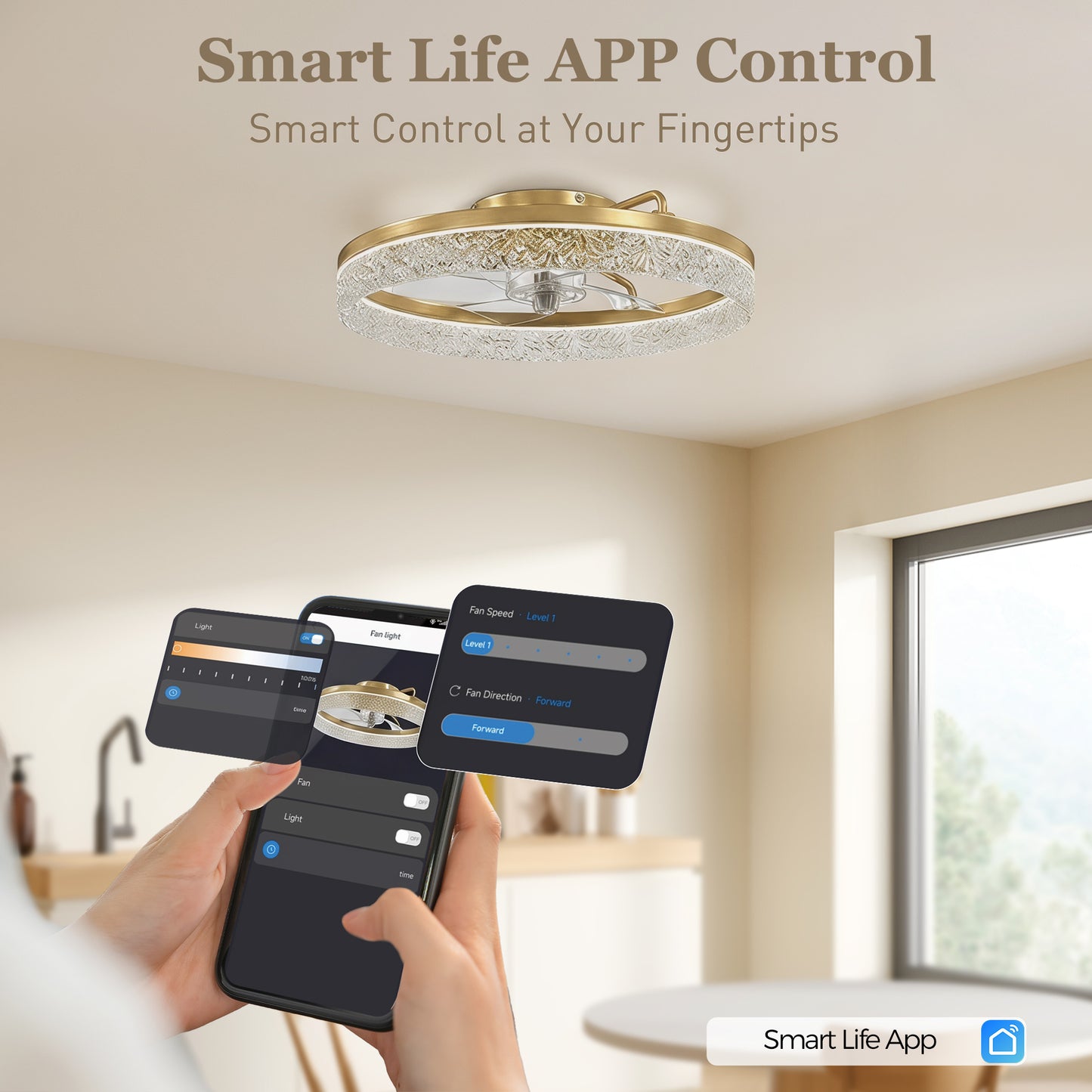 HOMCOM Ceiling Fan With Light Gold Tone Dimmable LED Remote And App Control Three Color Temperatures