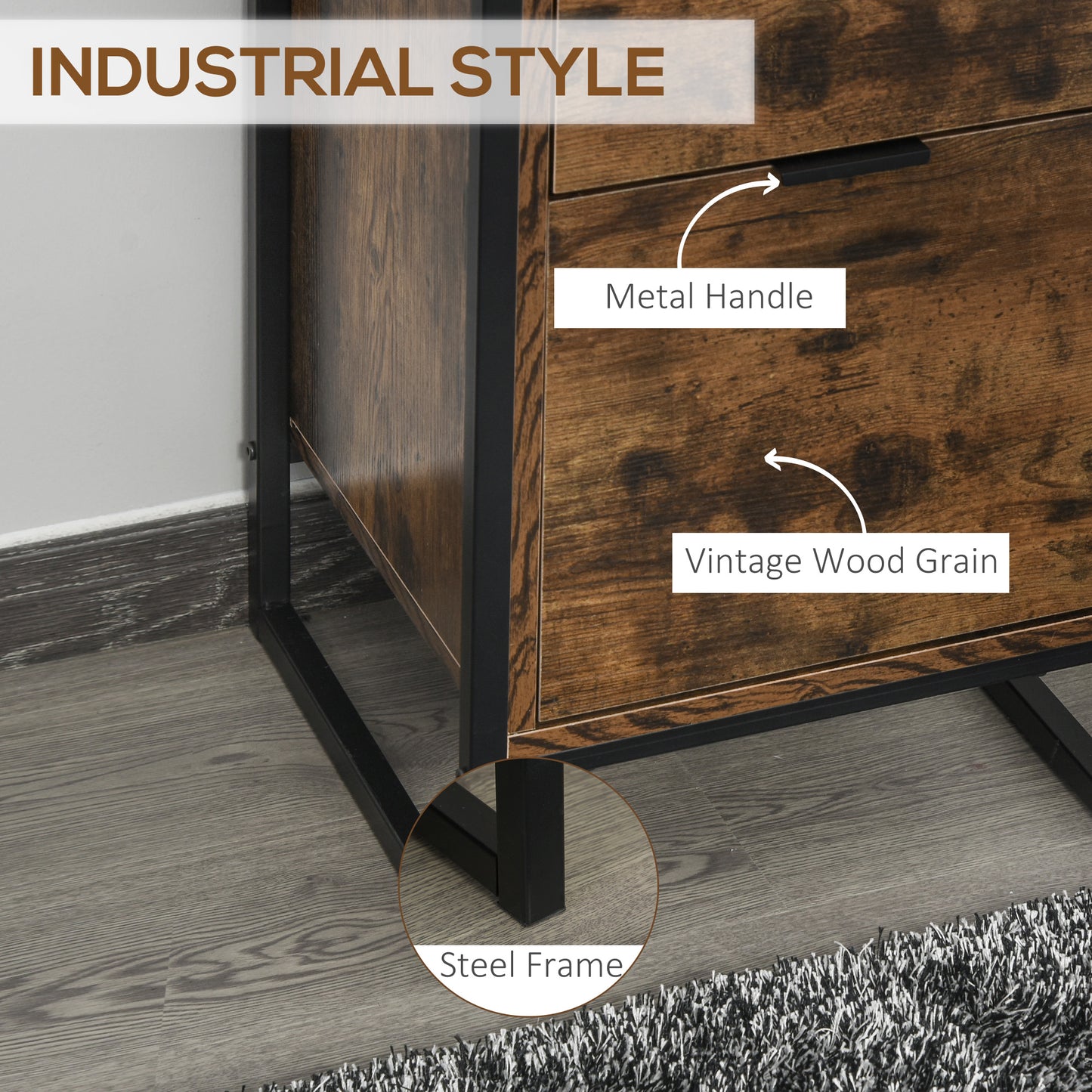 HOMCOM Set Of 2 Industrial Bedroom Chest Of Drawers With Metal Frame 3 Drawer Dresser In Rustic Brown