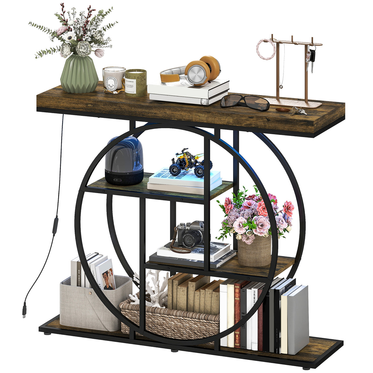 Industrial console table with circular metal frame and open 3-tier shelves, dark wood top.