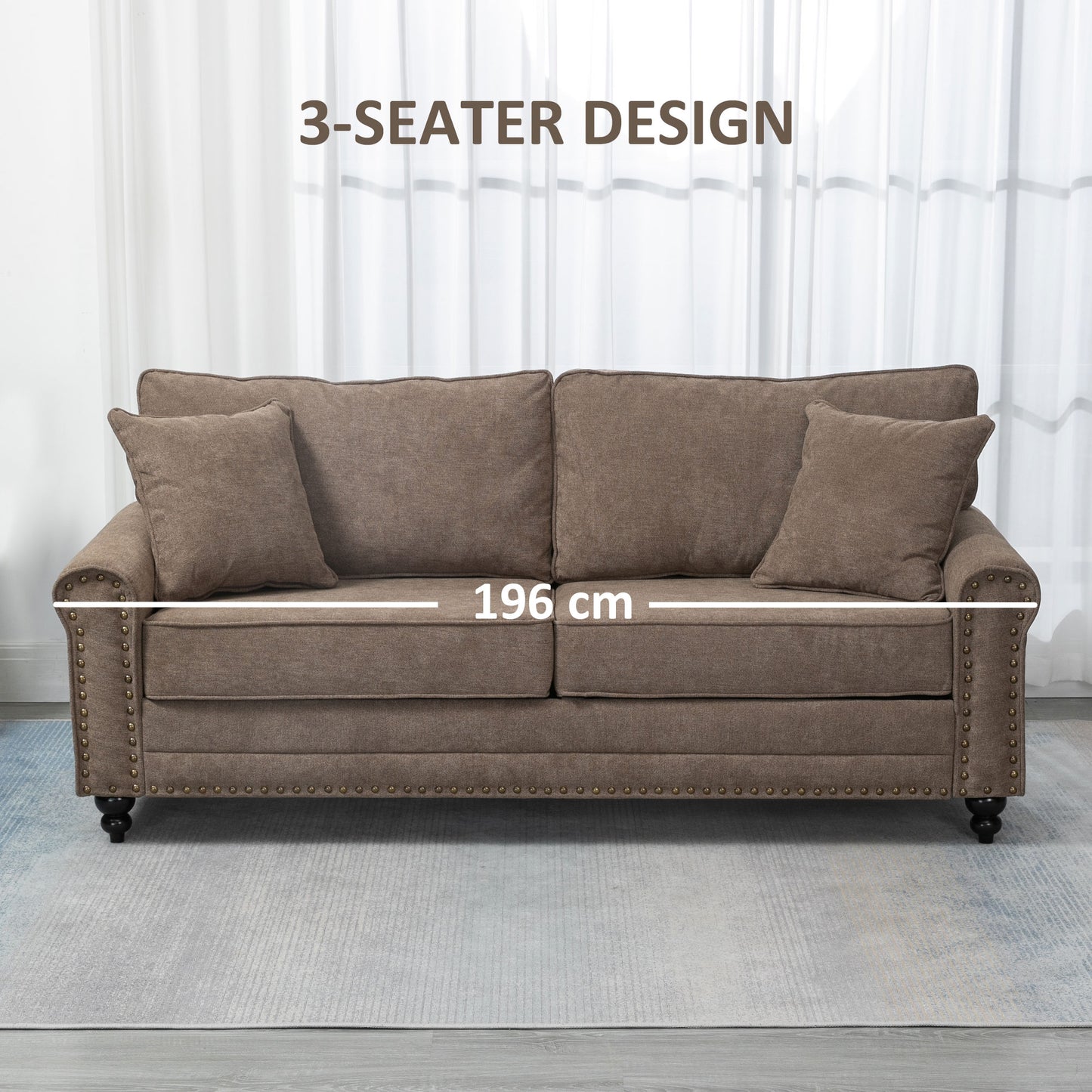 HOMCOM 196cm 3 Seater Fabric Sofa With Rubber Wood Legs Nailhead Trim Two Pillows Upholstered Couch Settee Brown
