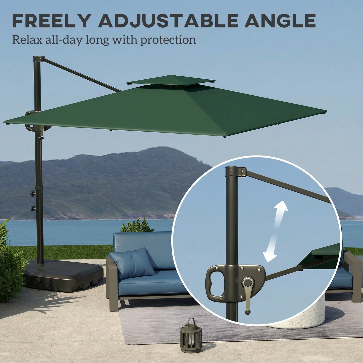 Outsunny Cantilever Parasol With Weighted Base And Crank Tilt Double Top Garden Parasol Patio Dark Green