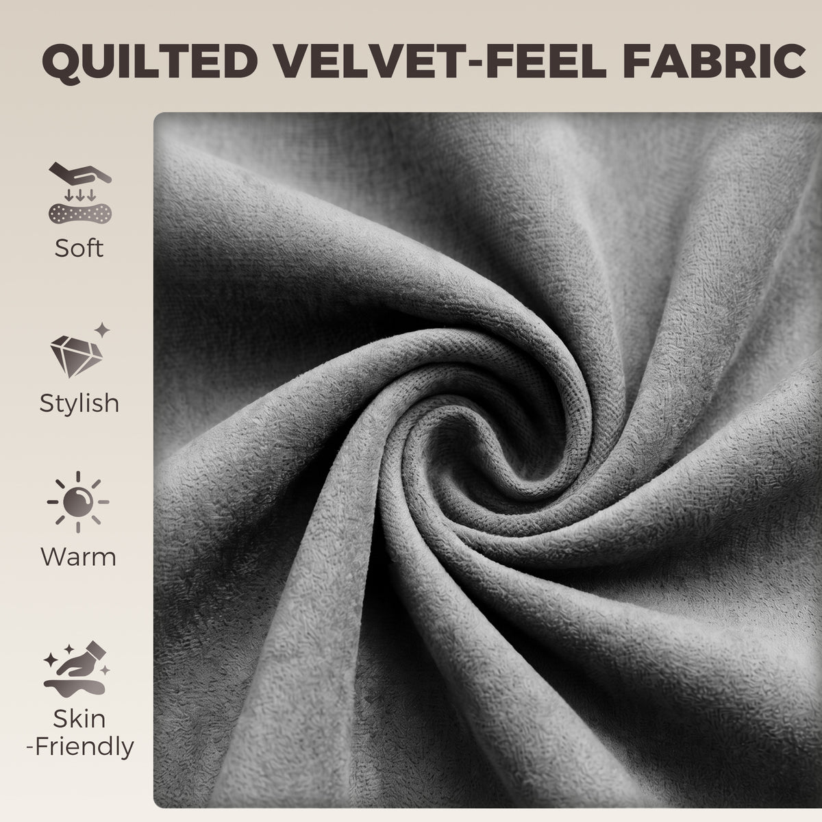 Quilted-look light gray velvet-feel fabric on a bar stool seat and backrest