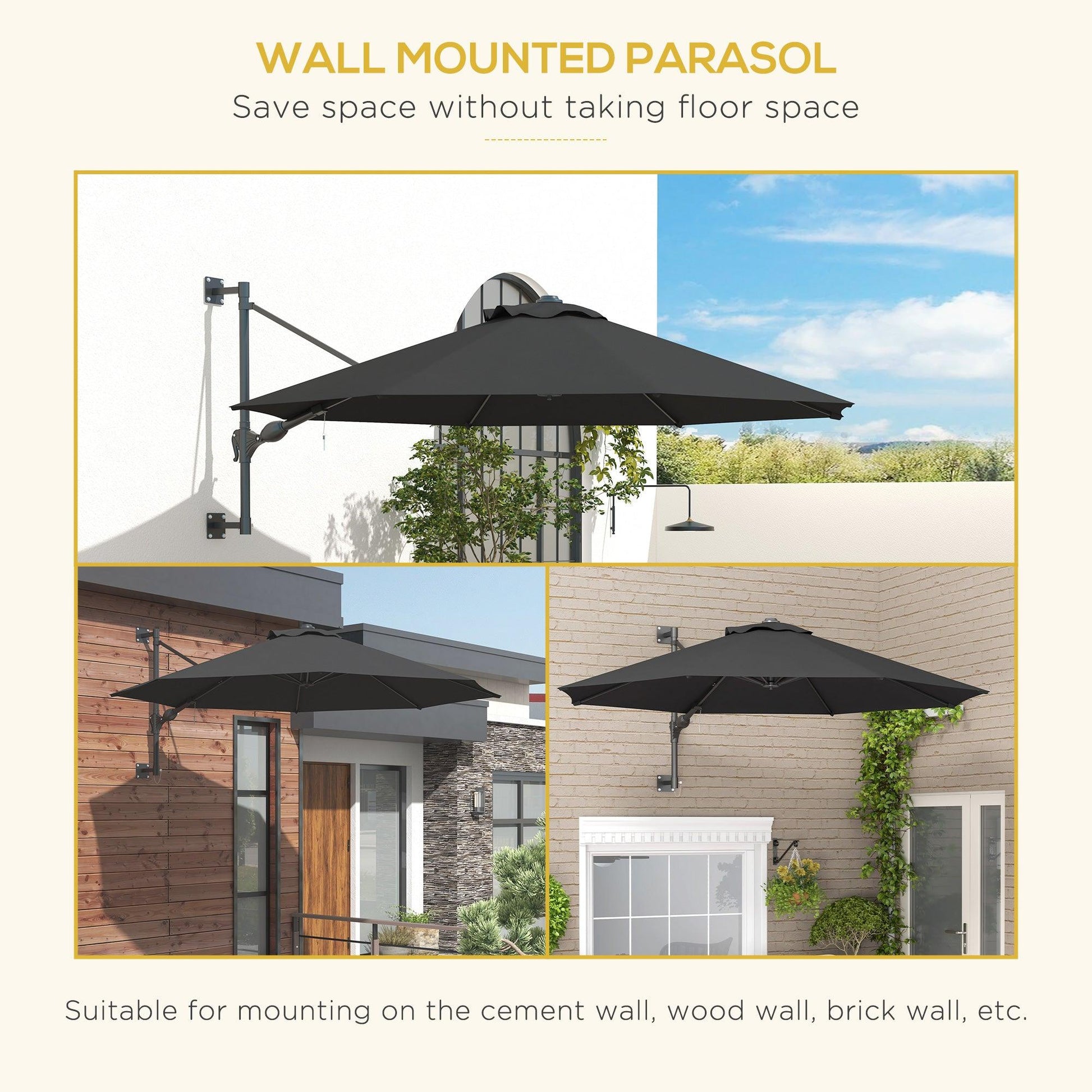 Outsunny Wall Mounted Umbrella with Vent, Garden Patio Parasol Umbrella Sun Shade Canopy, Charcoal Grey - ALL4U RETAILER LTD