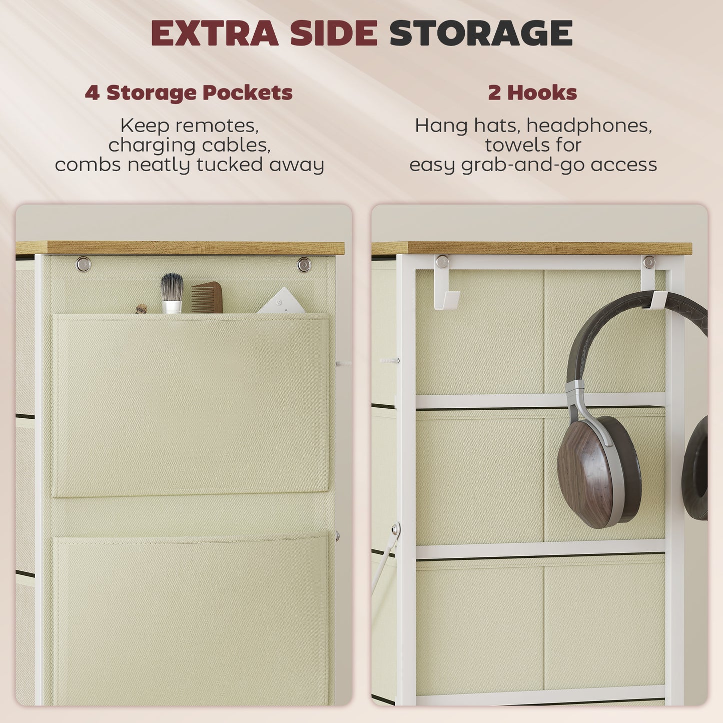 HOMCOM Five Fabric Drawer Chest Beige With Steel Frame And X Bar Support For Bedroom Storage