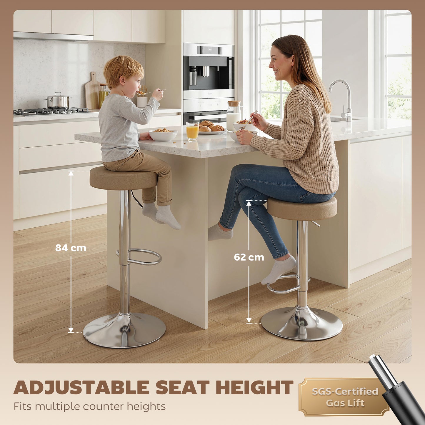 HOMCOM Bar Stools Set Of 2 Modern PU Leather Swivel Height Adjustable Breakfast Bar Chairs With Footrest Brown