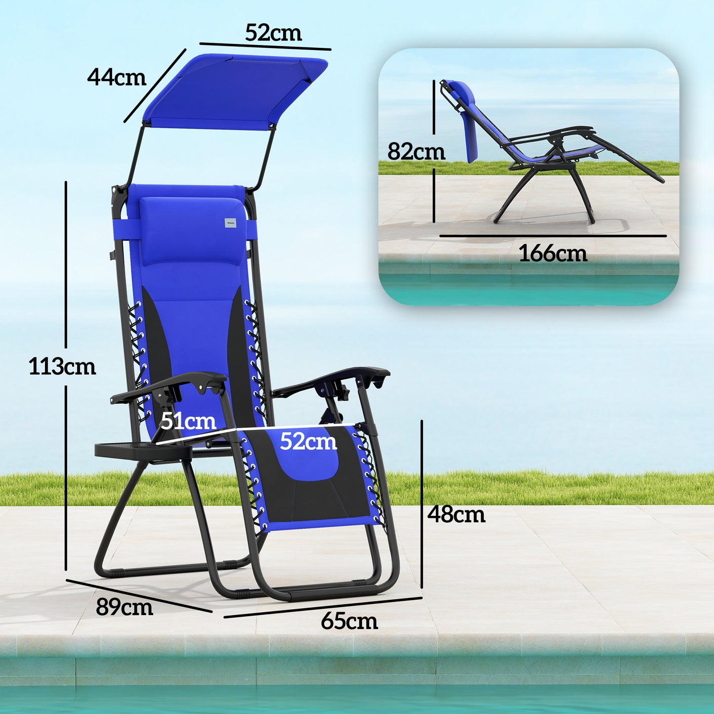 Outsunny Zero Gravity Lounger Chair Folding Recliner With Shade Cover Padded Seat Cup Holder And Headrest Blue