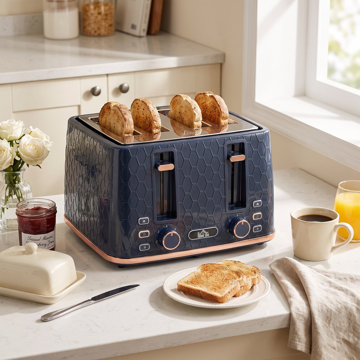 Homcom 4 Slice Toaster With 7 Browning Levels High Lift Center Dark Blue