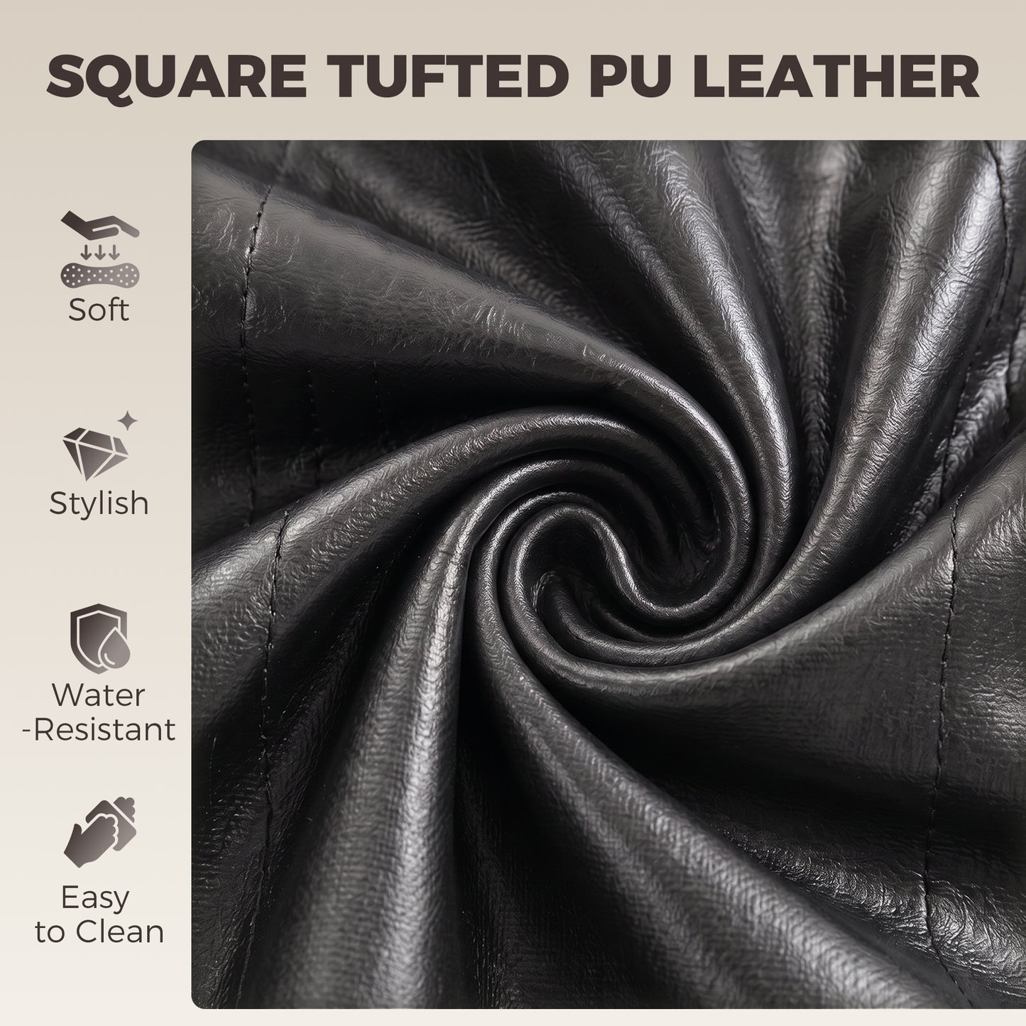 Close-up of grey tufted PU leather upholstery on a bar stool seat and backrest