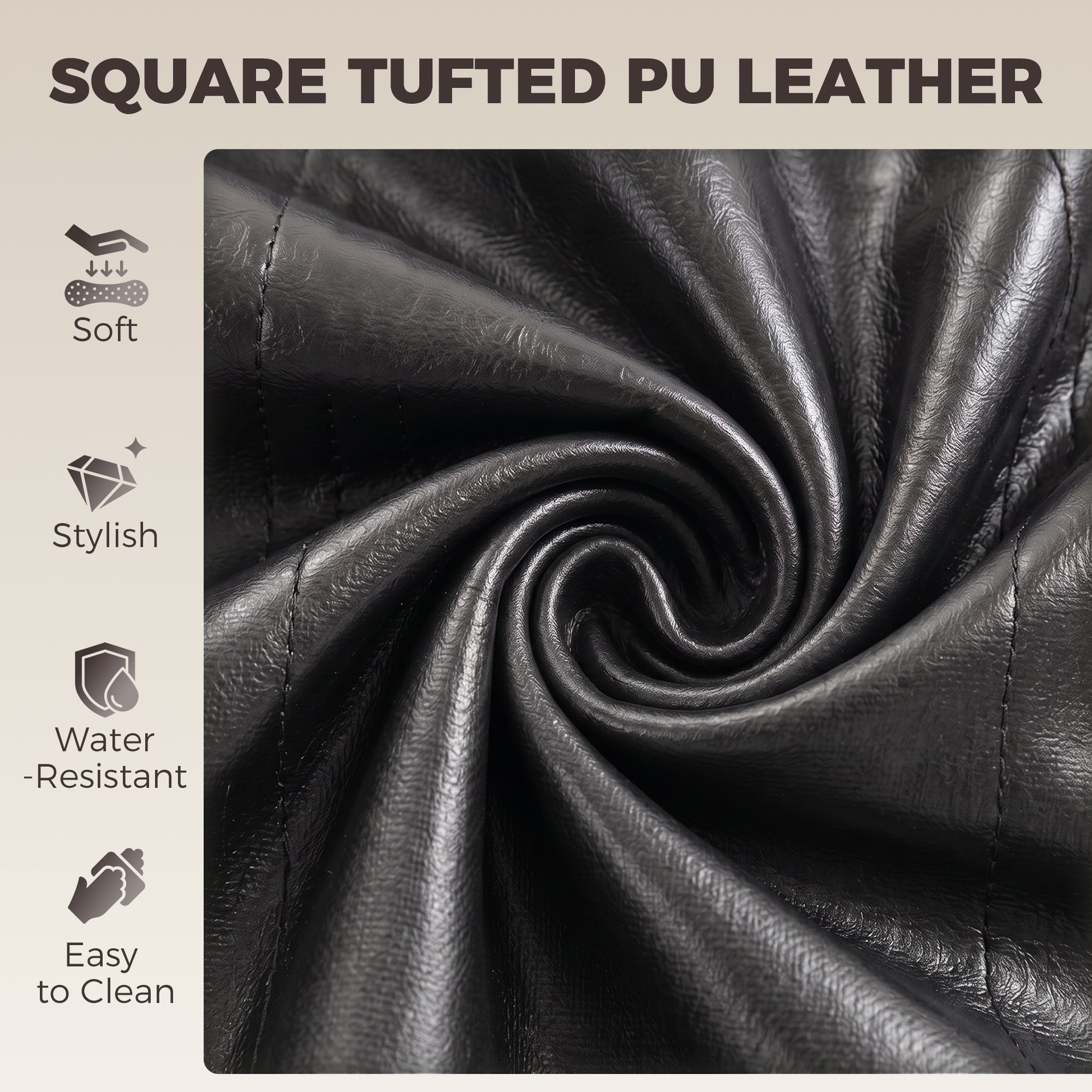 Close-up of grey tufted PU leather upholstery on a bar stool seat and backrest