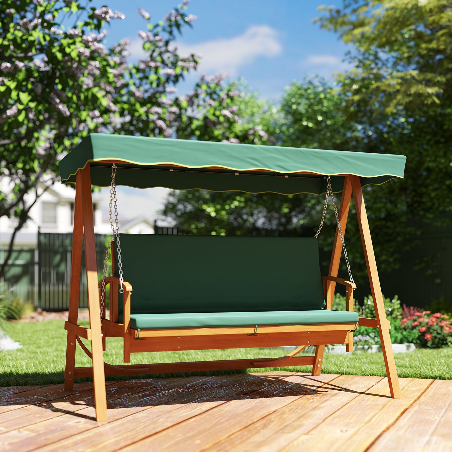 Outsunny 3 Seater 2 In 1 Wooden Garden Swing Seat Outdoor Convertible Hammock Bench Lounger Bed Dark Green
