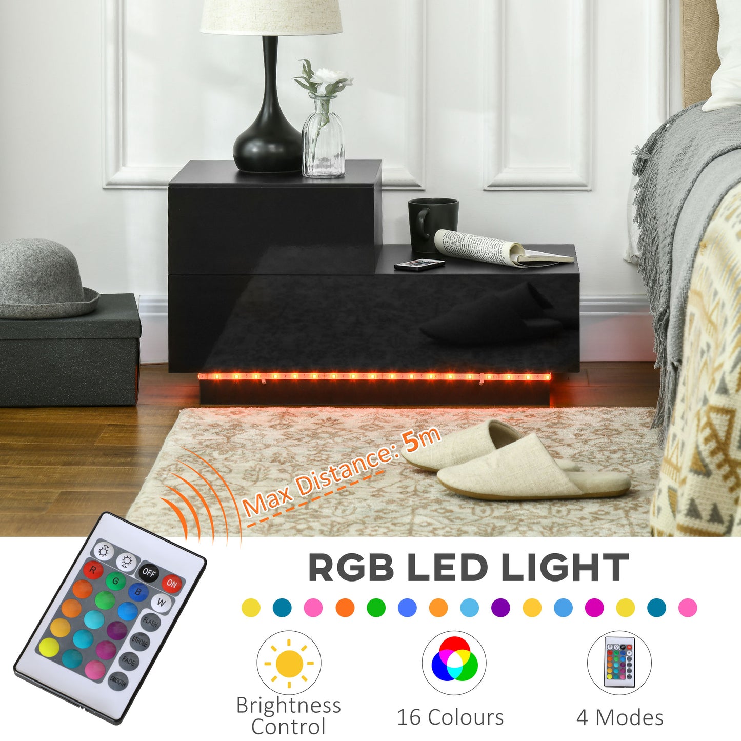 HOMCOM High Gloss Front Bedside Nightstand With Drawers RGB LED Light And Remote Black