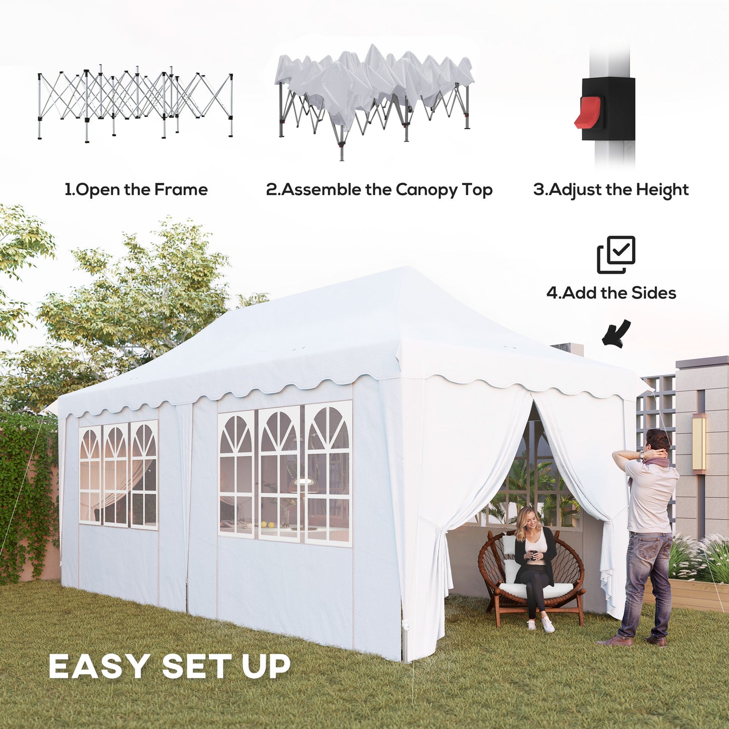 Outsunny 3x6m Pop Up Gazebo With Sides UPF50 Plus Height Adjustable Marquee Party Tent Wedding Canopy Carry Bag White
