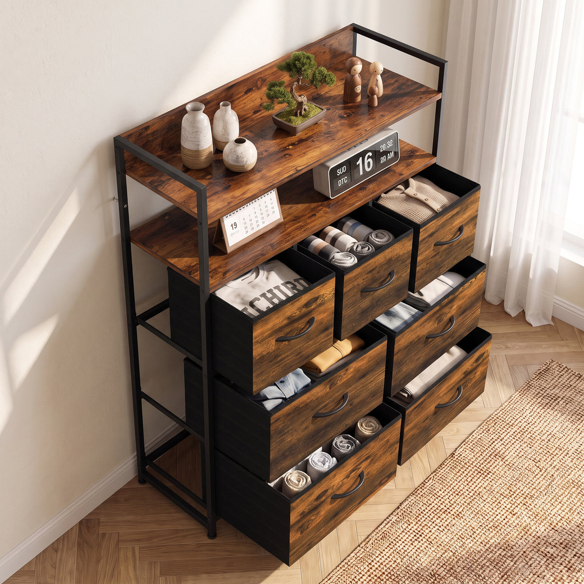 Rustic brown dresser with open shelves and multiple drawers, shown in corner angle