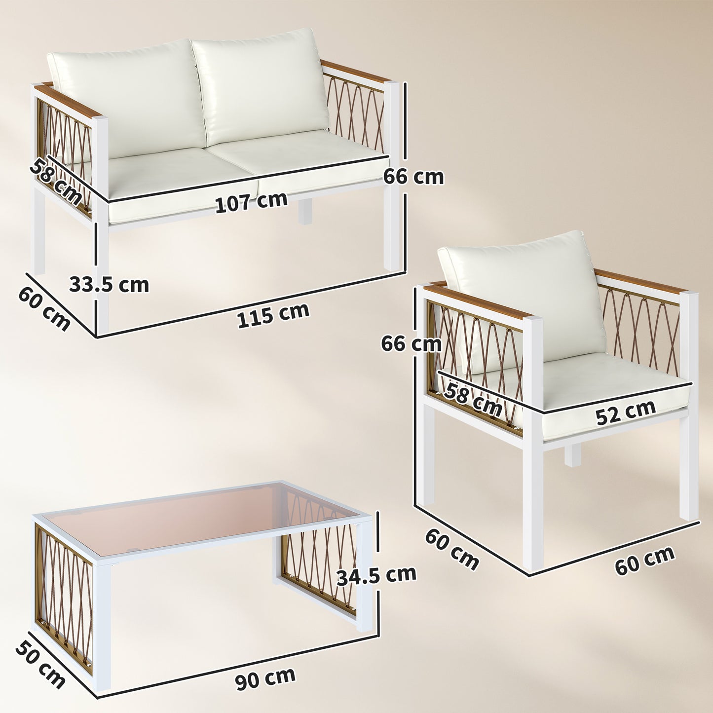 Outsunny 4 Piece Rattan Garden Furniture Set With Loveseat And 2 Armchairs Table Metal Frame Patio Cream White