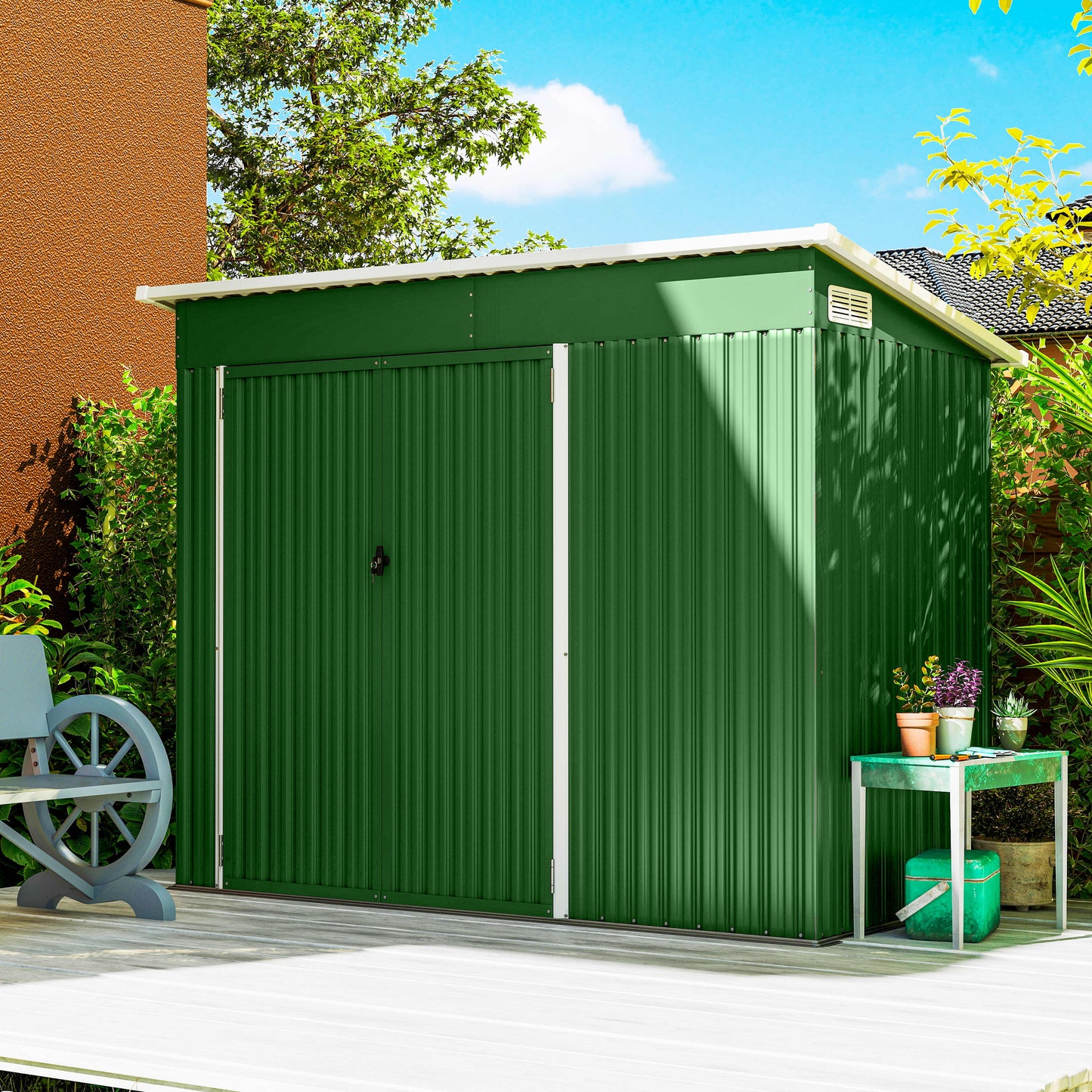 Outsunny 7.5 x 4.3 ft Metal Garden Storage Shed Waterproof Outdoor Shed With Triple Lockable Doors Green