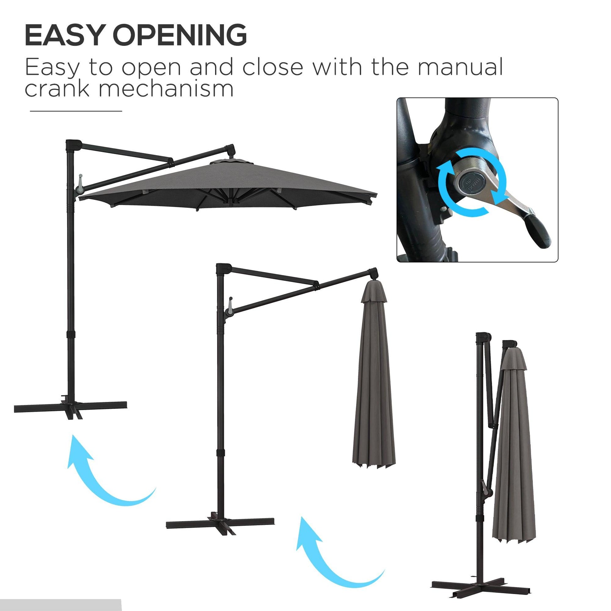 Outsunny 3 m Cantilever Banana Parasol with Cross Base, 360Â° Rotation Patio Umbrella with Crank Handle, Tilt, Dark Grey - ALL4U RETAILER LTD