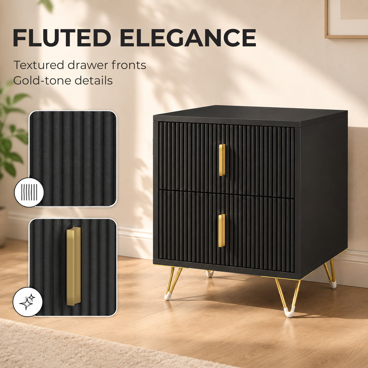 Homcom Elegant Fluted Bedside Table With Two Drawers And Gold Handles