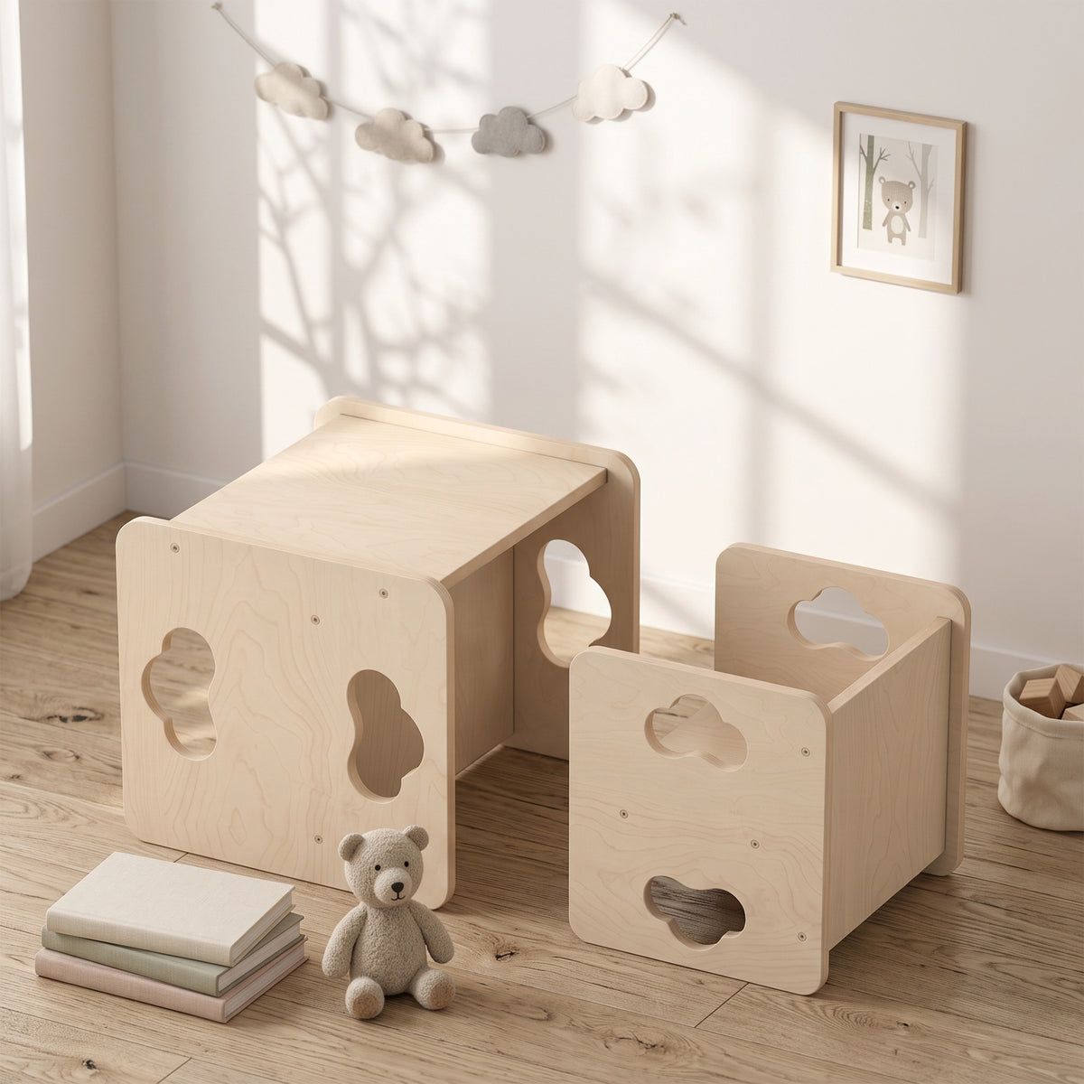 Light wood toddler table with chairs stacked below, animal cutouts on side panels