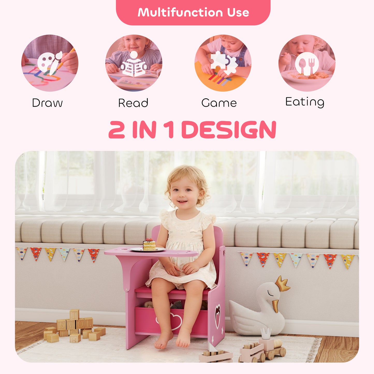 AIYAPLAY Kids Table and Chair Set With Storage Bins For Ages Three To Five Pink