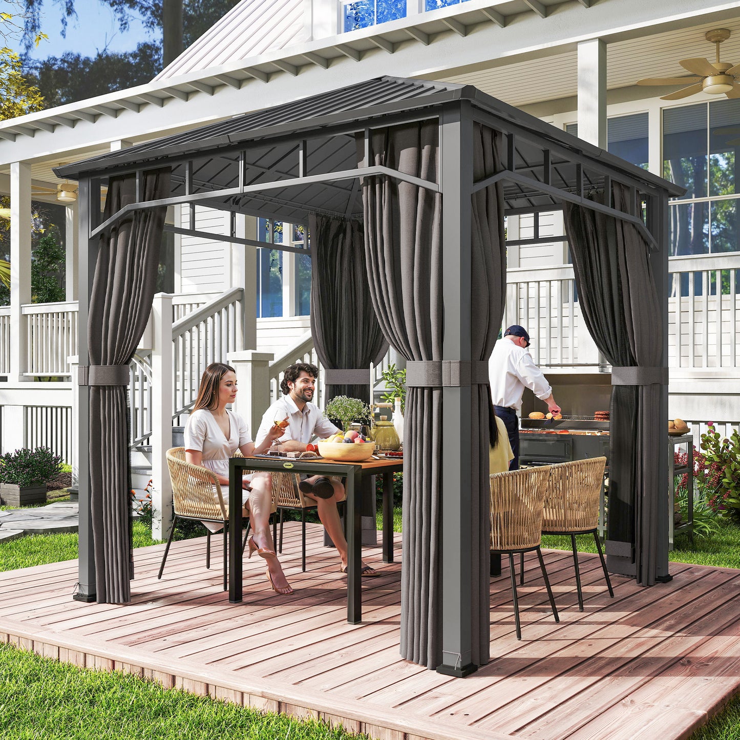 Outsunny 2.5 x 2.5 m Hardtop Gazebo With Galvanised Steel Roof Waterproof Pavilion Netting And Curtains For Patio