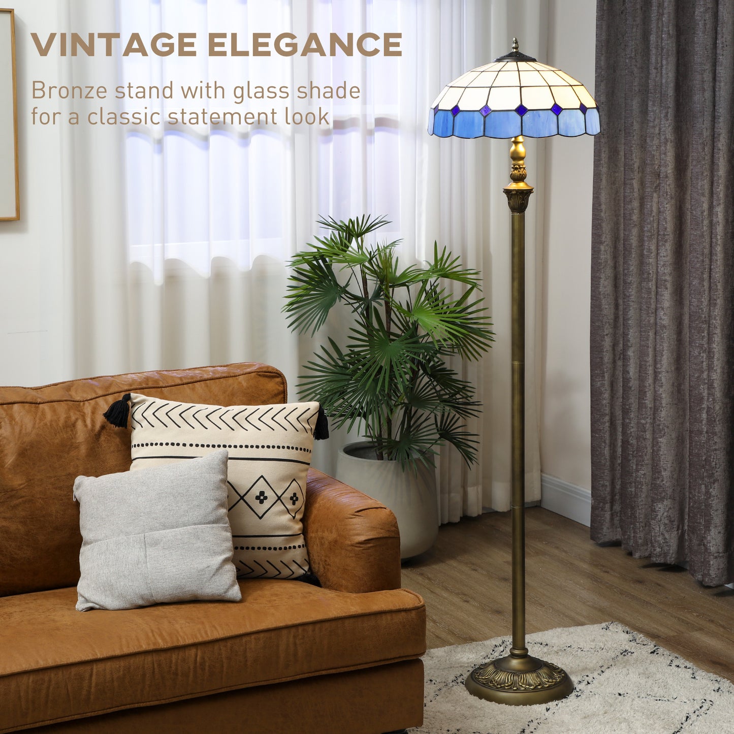 HOMCOM Tiffany Style Floor Lamp With Stained Glass Shade 152cm Tall Foot Switch Dual Sockets Bronze Blue Living Room