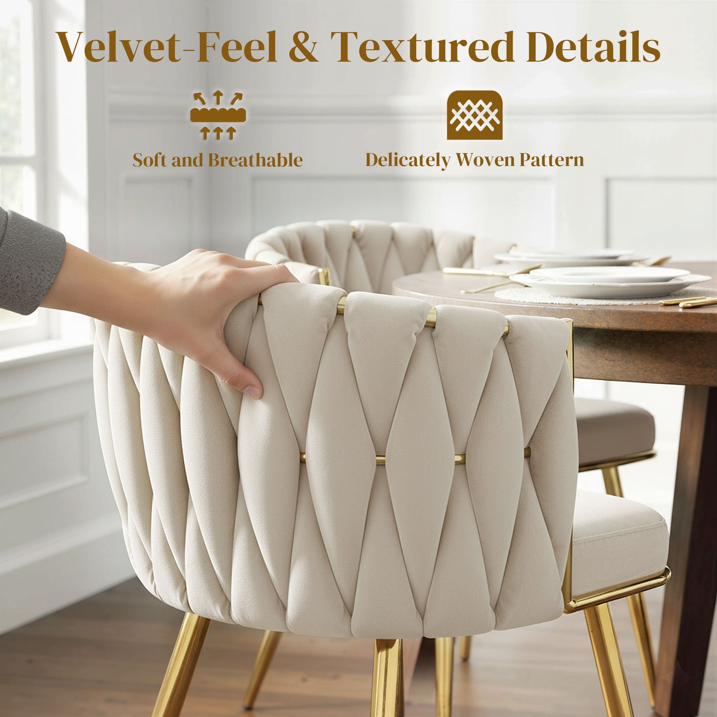 HOMCOM Velvet Feel Dining Chairs Set Of 2 With Knot Back And Gold Metal Legs Modern Upholstered Armchairs Cream