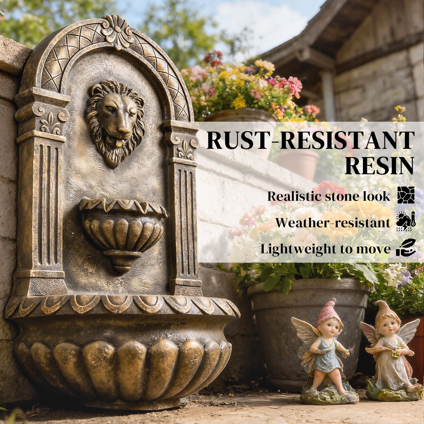 Outsunny Wall Mounted Water Fountain 3 Tier Cascading Waterfall LED Lights And Adjustable Flow For Patio Rustic Brown