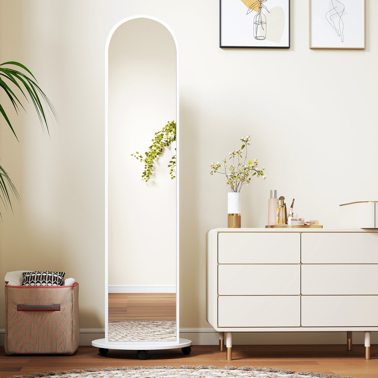 HOMCOM 2 In 1 Full Length Mirror With Hidden Storage Shelves Coat Rack And Hooks White Floor Mirror With Wheels