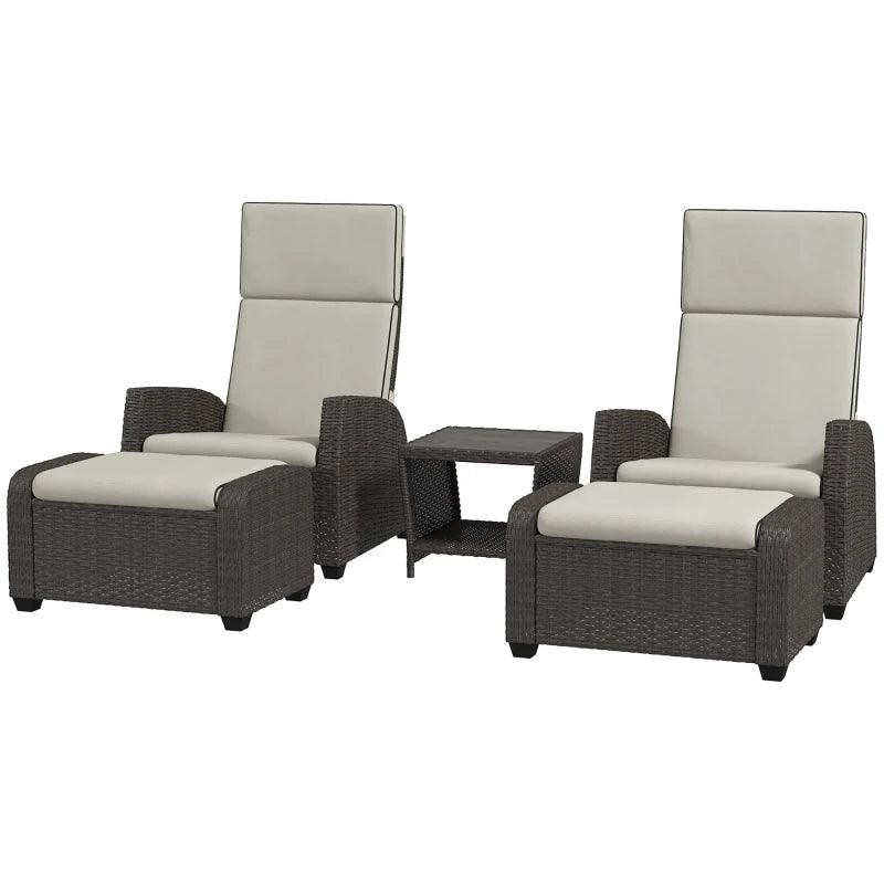 Outsunny 5-Piece Rattan Patio Reclining Chair Set with Footstools, Coffee Table, Cushions - Outdoor Garden Furniture in Brown - ALL4U RETAILER LTD