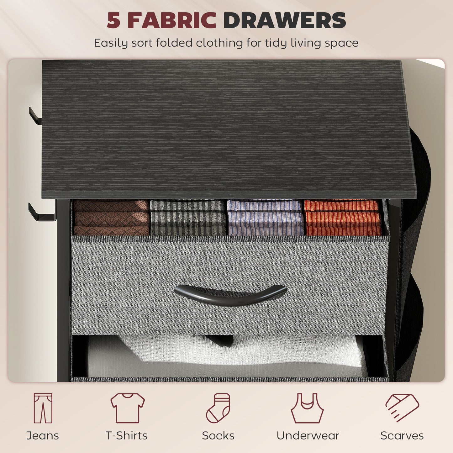 HOMCOM Five Drawer Fabric Chest In Charcoal Grey With Steel Frame And Side Pockets