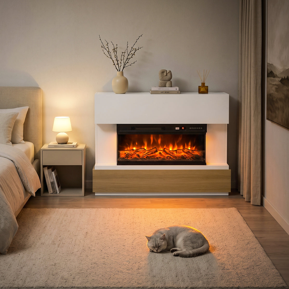 White electric fireplace heater with wood trim and glowing flame window in living room