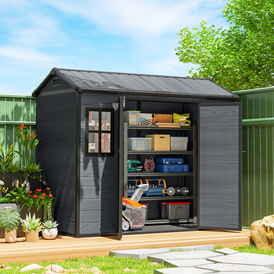 Outsunny 8x4ft Resin Garden Shed Wood Effect Outdoor Storage With Floor Windows Lockable Doors Vents Dark Grey