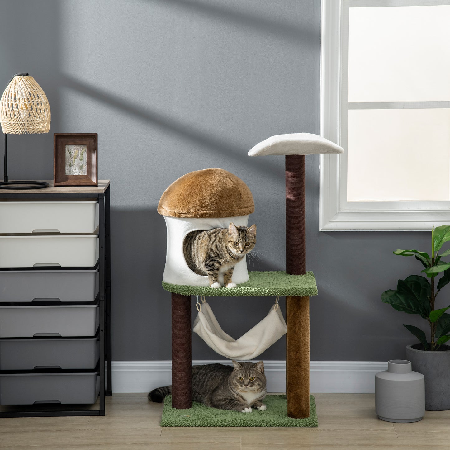 PawHut 100cm Cat Activity Center with Mushroom Condo, Scratching Posts, and Hammock in Green - ALL4U RETAILER LTD