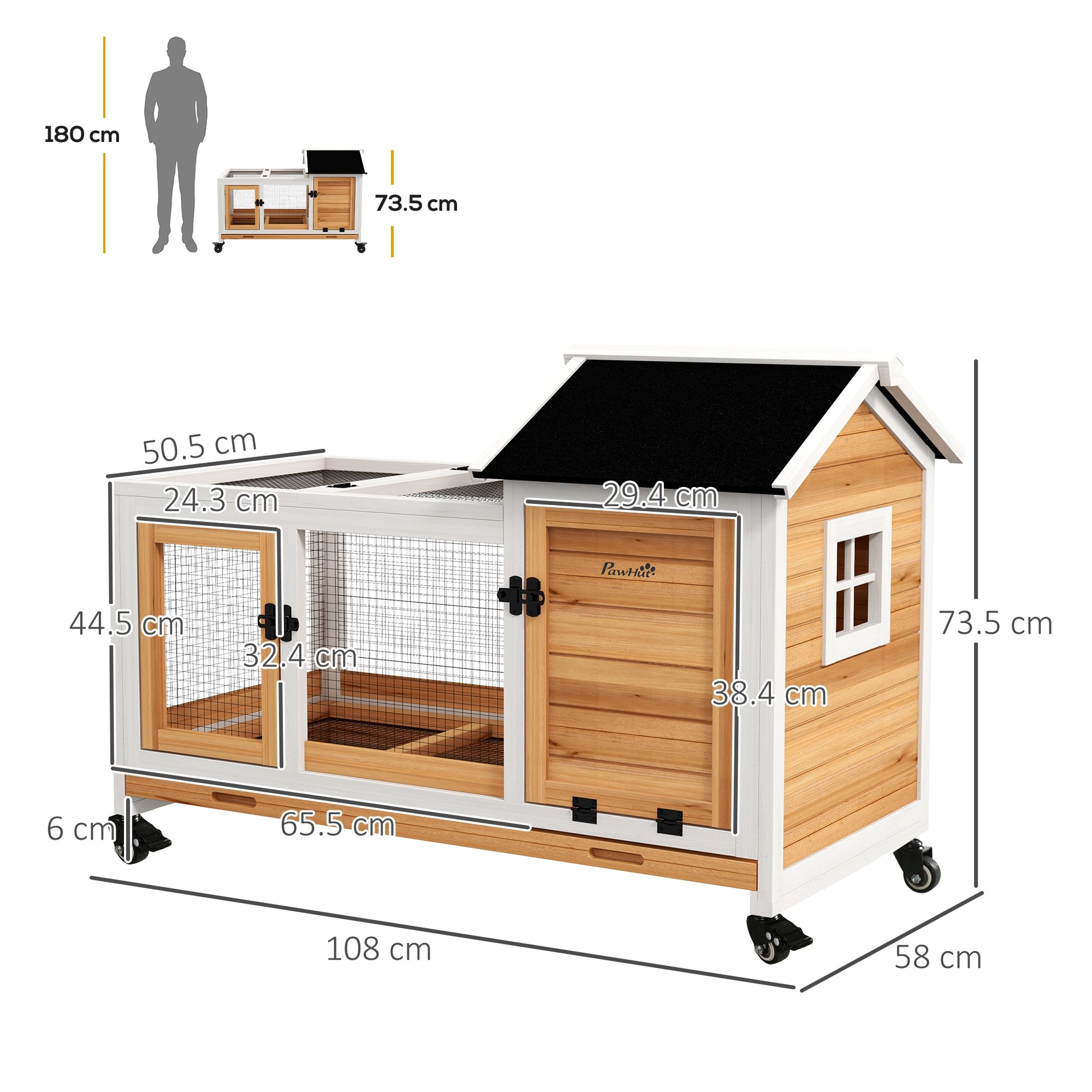 PawHut Wooden Rabbit Hutch Guinea Pig Cage with Removable Tray Wheels Yellow - ALL4U RETAILER LTD