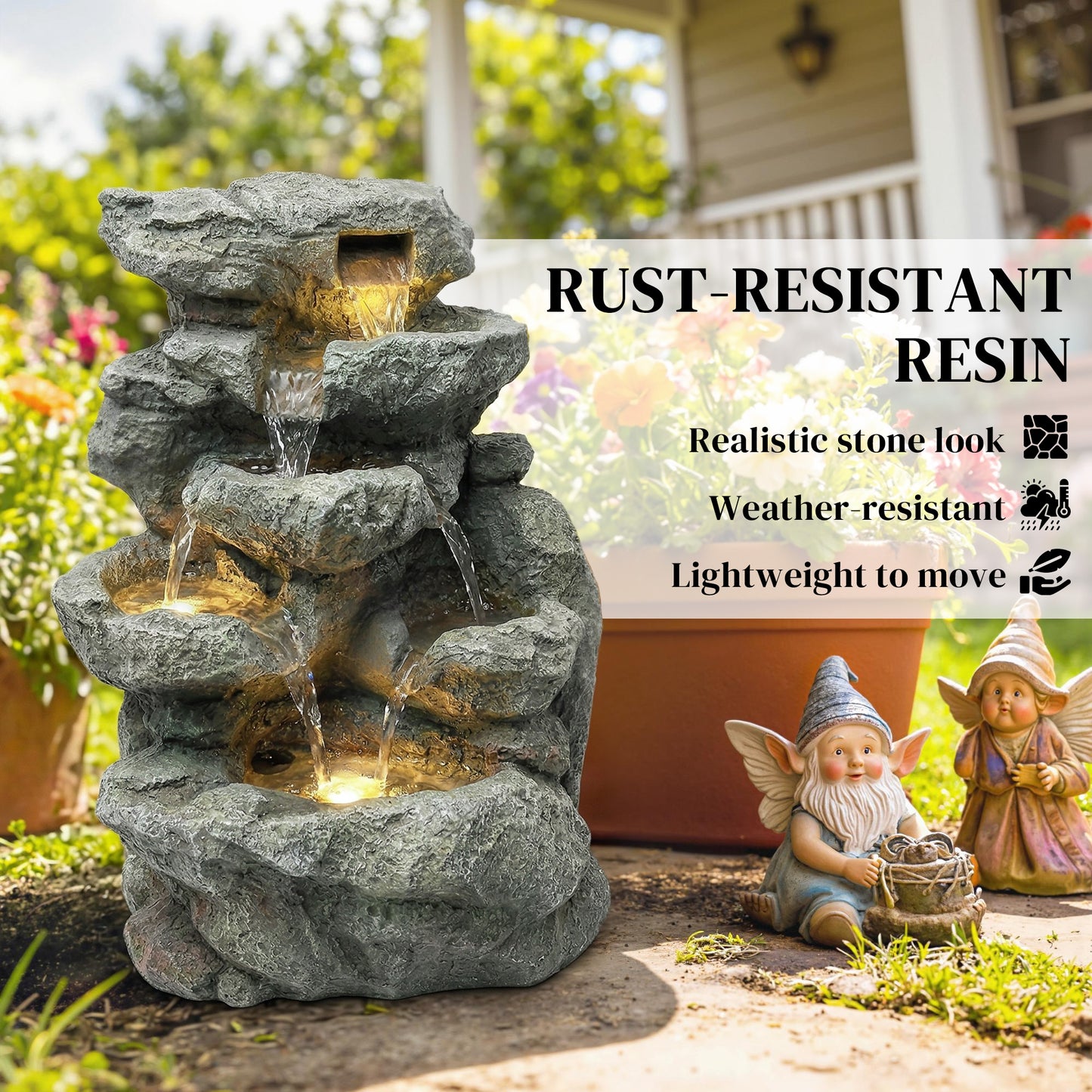 Outsunny Outdoor Fountain With 6 Tier Rock Design Waterfall Feature LED Lights Resin Freestanding Garden Fountain Grey